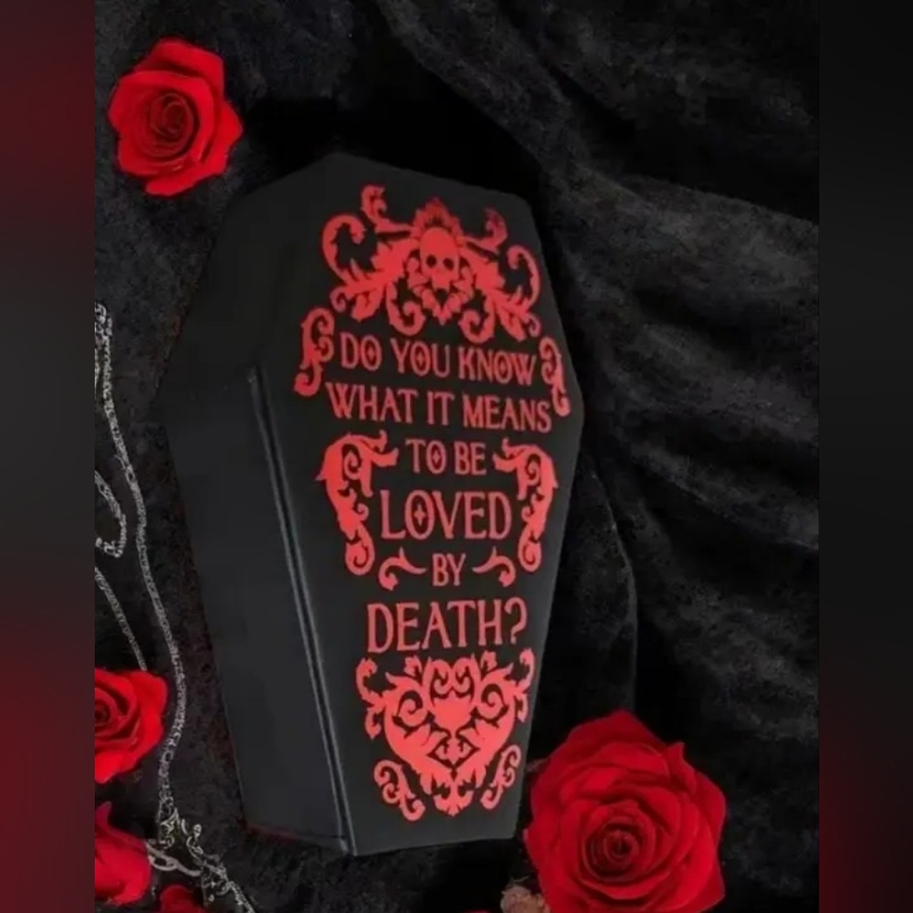 Black Coffin Shaped Jewelry Box with Red Gothic Text - Picture 1 of 4